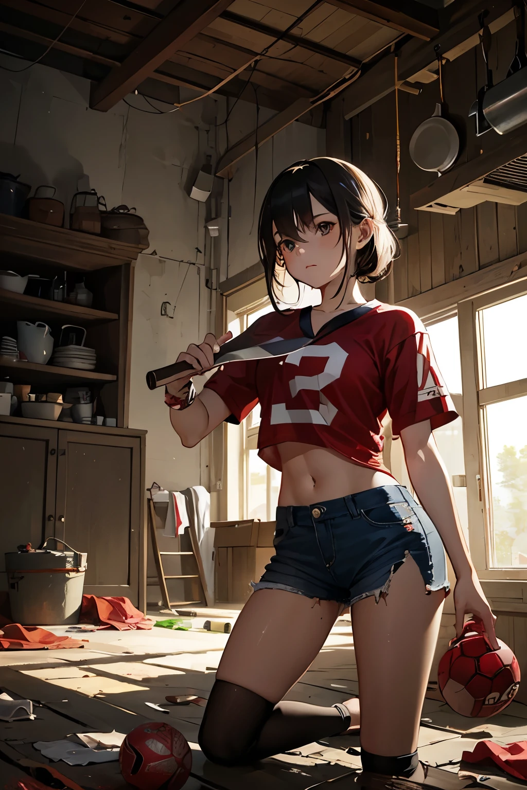 Girl wears a worn-out red football team, She holds a kitchen knife in her right hand, the blade glinting under dim overhead lighting. In the background, a discarded football jersey lies crumpled on the floor, with torn fabric and stains.
