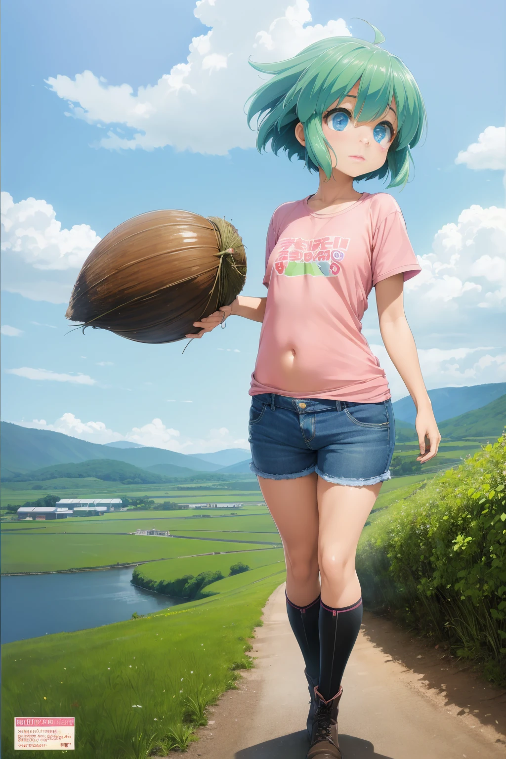 2d, masterpiece, best quality, anime, highly detailed face, highly detailed background, perfect lighting, lola, blue eyes, green_hair, cityscape, full_body, solo, solo focus, t-shirt, shorts, colorful auspicious clouds, sakura, leaf, tree, waterfall, acorn, soil, blurry_foreground, 1girl, day, painting, depth_of_field, blurry, (best quality), ((masterpiece)), cute anime girl, green hair, short hair, pink t-shirt, cutout above navel, blue denim shorts, black boots, forest, c(lean detailed faces), analogous colors, beautiful gradient, clean image, high quality, high detail, high definition, cute face, 4k resolution, full body, ultra sharp focus, extremely detailed eyes, blue eyes, detailed symmetric realistic face, extremely detailed natural texture, perfectly centered medium upper shot, nikon d850 film stock photograph, kodak portra 400 camera f1.6 lens, extremely detailed, amazing, fine detail, rich colors, one body, fully clothed, face, head in frame, body in frame, good proportions, smiling, android heroine, vivid color.digital 2d, anime manga robot! anime girl, fully robotic!! girl, nanogirlv 2, symphogear, fully robotic!!, mikudayo, masterpiece, best quality, reeds, lens flare, shade, bloom, official artwork