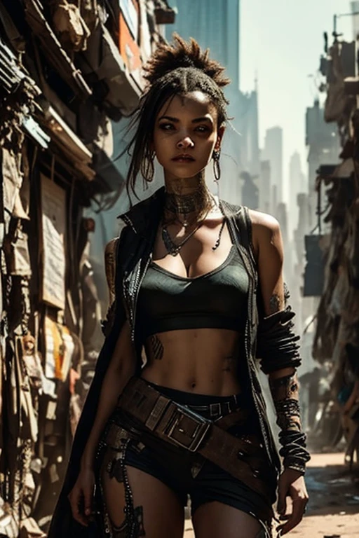 Cyberpunk, Scavenger, woman in early twenties, dressed in rags, dressed seductively, skimpy clothing