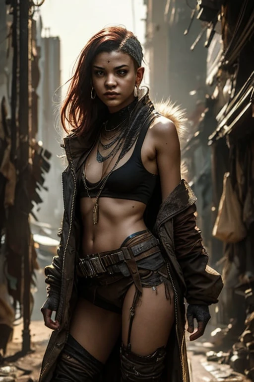 Cyberpunk, Scavenger, woman in early twenties, dressed in rags, dressed seductively, skimpy clothing