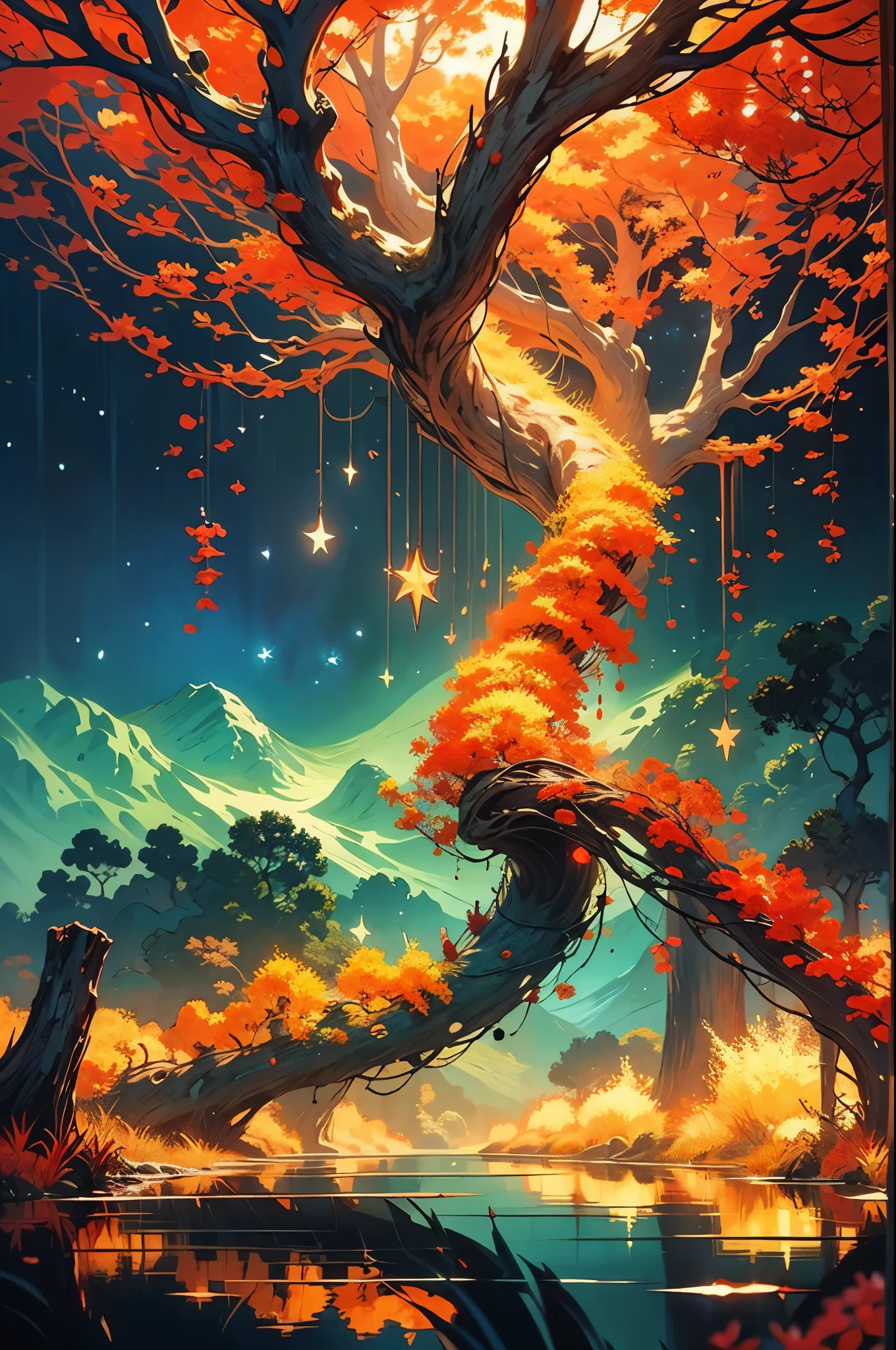 a painting, a sprawling tree branch has grown across the water's surface, its twisted limbs tangled with dark, crimson threads that seem to writhe like snakes. in the foreground, a fitting room door is set into the trunk of the gnarled tree, reflections, naive art, van gogh art style, stary night painting