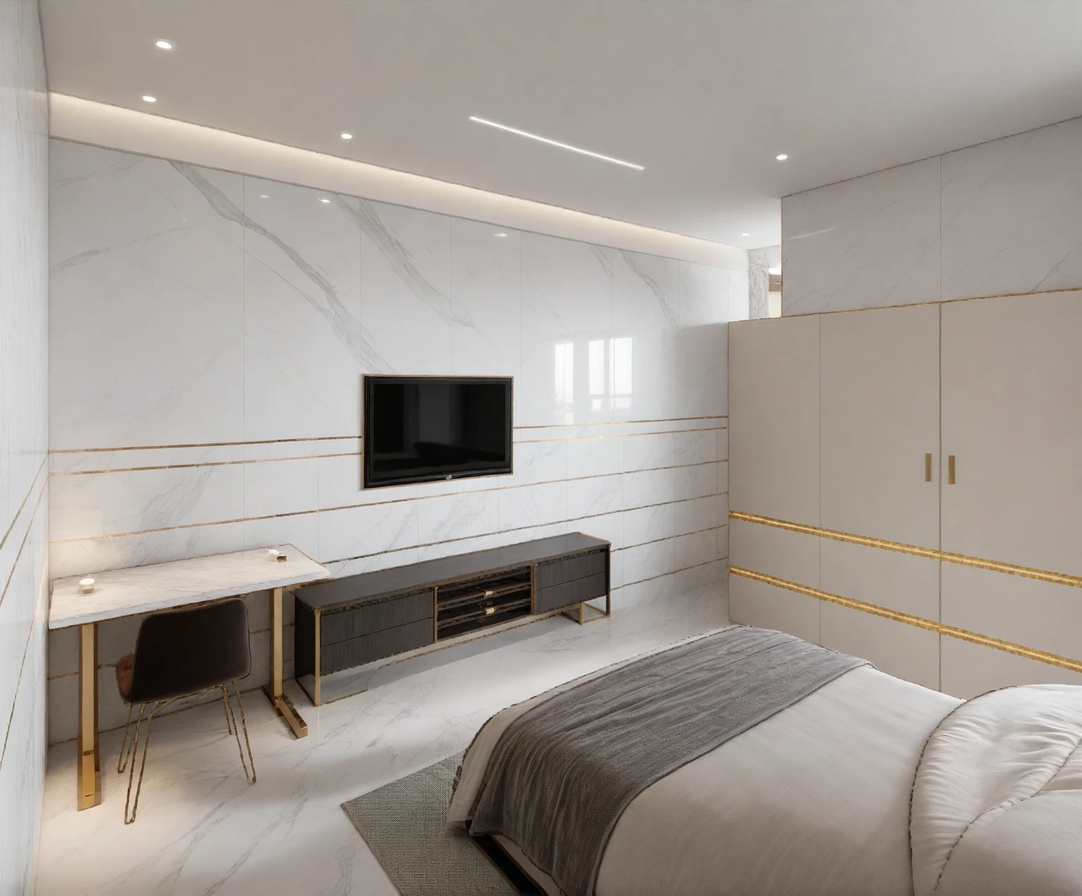 Raw photo,Masterpiece, high quality, best quality, authentic, super detail,
indoors, interior , ((BEDroom :1.3)), modern style, daylight, (WHITE WALL),luxury, marble tile floor,