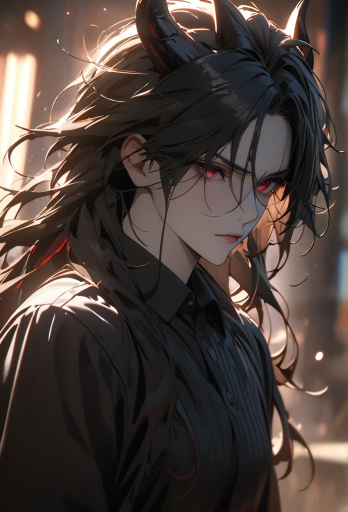 (solo), masculine, black hair, messy hair, mane hair, long hair, dense hair, wild hair, expressive hair, mature,(25 year old), pale skin, red eyes, ((man)), wearing a black dress shirt, black demon horns,, serious, handsome, attractive, eye reflection, depth of field, thunder aura,cinematic lighting, ray tracing, depth of field, cinematic lighting, ray tracing, UHD, high details, best quality, highres, high quality, award winning, super detail, masterpiece, 8k, UHD, high details, best quality, highres, high quality, award winning, super detail, masterpiece, 8k, digital art, anime coloring, body shot, good face, perfect face, detailed face, good eyes