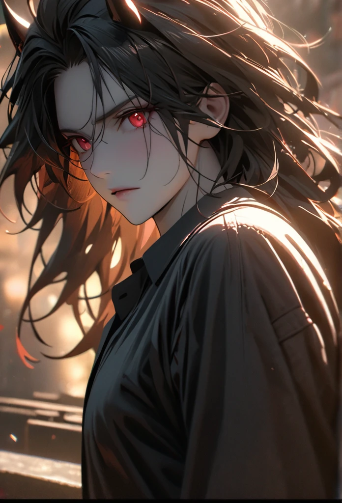 (solo), masculine, black hair, messy hair, mane hair, long hair, dense hair, wild hair, expressive hair, mature,(25 year old), pale skin, red eyes, ((man)), wearing a black dress shirt, black demon horns,, serious, handsome, attractive, eye reflection, depth of field, thunder aura,cinematic lighting, ray tracing, depth of field, cinematic lighting, ray tracing, UHD, high details, best quality, highres, high quality, award winning, super detail, masterpiece, 8k, UHD, high details, best quality, highres, high quality, award winning, super detail, masterpiece, 8k, digital art, anime coloring, body shot, good face, perfect face, detailed face, good eyes