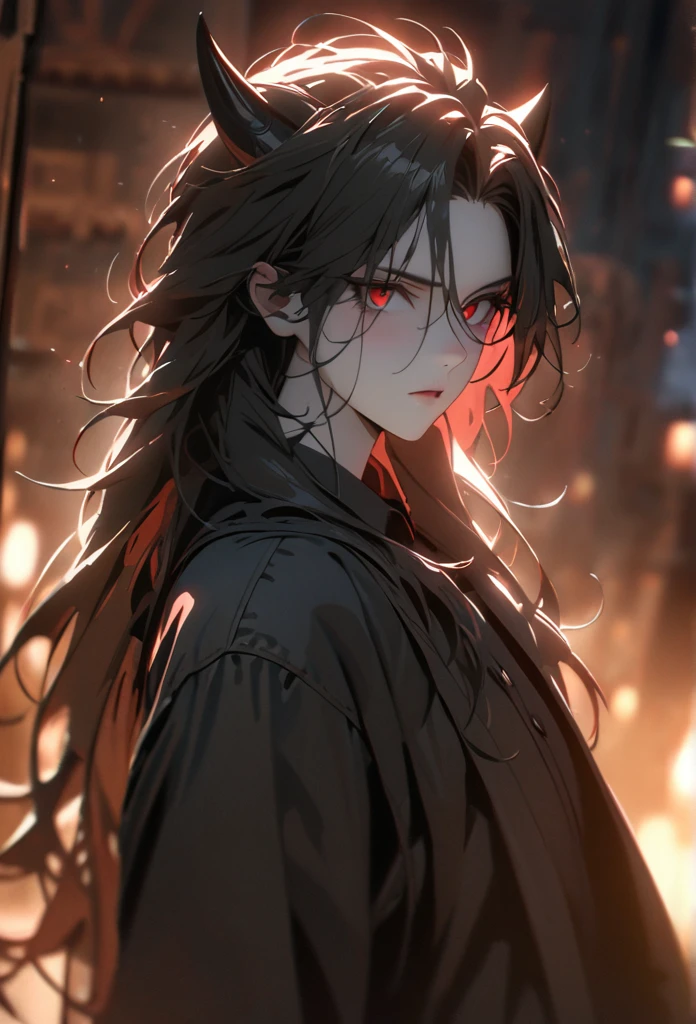(solo), masculine, black hair, messy hair, mane hair, long hair, dense hair, wild hair, expressive hair, mature,(25 year old), pale skin, red eyes, ((man)), wearing a black dress shirt, black demon horns,, serious, handsome, attractive, eye reflection, depth of field, thunder aura,cinematic lighting, ray tracing, depth of field, cinematic lighting, ray tracing, UHD, high details, best quality, highres, high quality, award winning, super detail, masterpiece, 8k, UHD, high details, best quality, highres, high quality, award winning, super detail, masterpiece, 8k, digital art, anime coloring, body shot, good face, perfect face, detailed face, good eyes