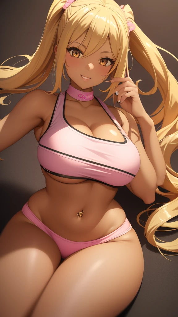 1 girl, golden blonde hair, golden eyes, very tan skin, solo, gyaru, shoulder length hair, high ponytail, curvy, very wide hips, large ass, narrow waist, thick thighs, very huge breasts, Pink crop top, Pink booty shorts, flirty smile, navel piercing, navel, underboob