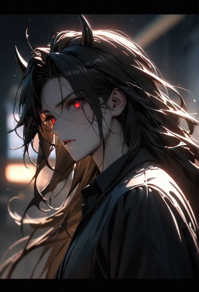 (solo), masculine, black hair, messy hair, mane hair, long hair, dense hair, wild hair, expressive hair, mature,(25 year old), pale skin, red eyes, ((man)), wearing a black dress shirt, black demon horns,, serious, handsome, attractive, eye reflection, depth of field, thunder aura,cinematic lighting, ray tracing, depth of field, cinematic lighting, ray tracing, UHD, high details, best quality, highres, high quality, award winning, super detail, masterpiece, 8k, UHD, high details, best quality, highres, high quality, award winning, super detail, masterpiece, 8k, digital art, anime coloring, body shot, good face, perfect face, detailed face, good eyes