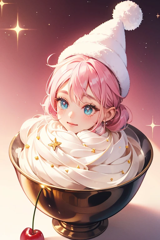 pink monkey. She has two vanilla scoops for ears and wears a whipped cream-like hat with a cherry on top. She is contained inside a silver cup SPARKLE; GLITTER;
