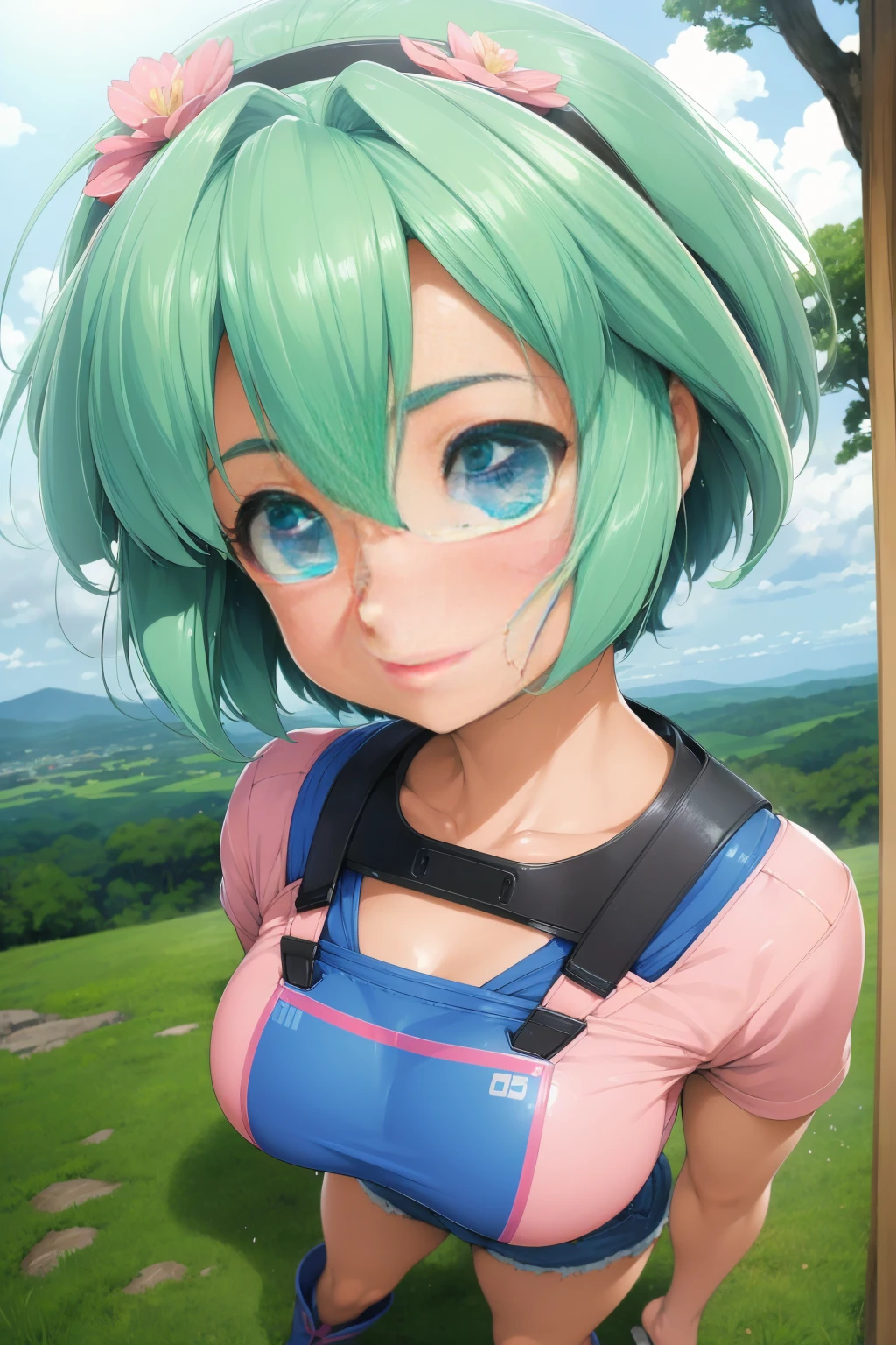 2d, masterpiece, best quality, anime, highly detailed face, highly detailed background, perfect lighting, lola, blue eyes, green_hair, cityscape, full_body, solo, solo focus, t-shirt, shorts, colorful auspicious clouds, sakura, leaf, tree, waterfall, acorn, soil, blurry_foreground, 1girl, day, painting, depth_of_field, blurry, (best quality), ((masterpiece)), cute anime girl, green hair, short hair, pink t-shirt, cutout above navel, blue denim shorts, black boots, forest, c(lean detailed faces), analogous colors, beautiful gradient, clean image, high quality, high detail, high definition, cute face, 4k resolution, full body, ultra sharp focus, extremely detailed eyes, blue eyes, detailed symmetric realistic face, extremely detailed natural texture, perfectly centered medium upper shot, nikon d850 film stock photograph, kodak portra 400 camera f1.6 lens, extremely detailed, amazing, fine detail, rich colors, one body, fully clothed, face, head in frame, body in frame, good proportions, smiling, android heroine, vivid color.digital 2d, anime manga robot! anime girl, fully robotic!! girl, nanogirlv 2, symphogear, fully robotic!!, mikudayo, masterpiece, best quality, reeds, lens flare, shade, bloom, official artwork