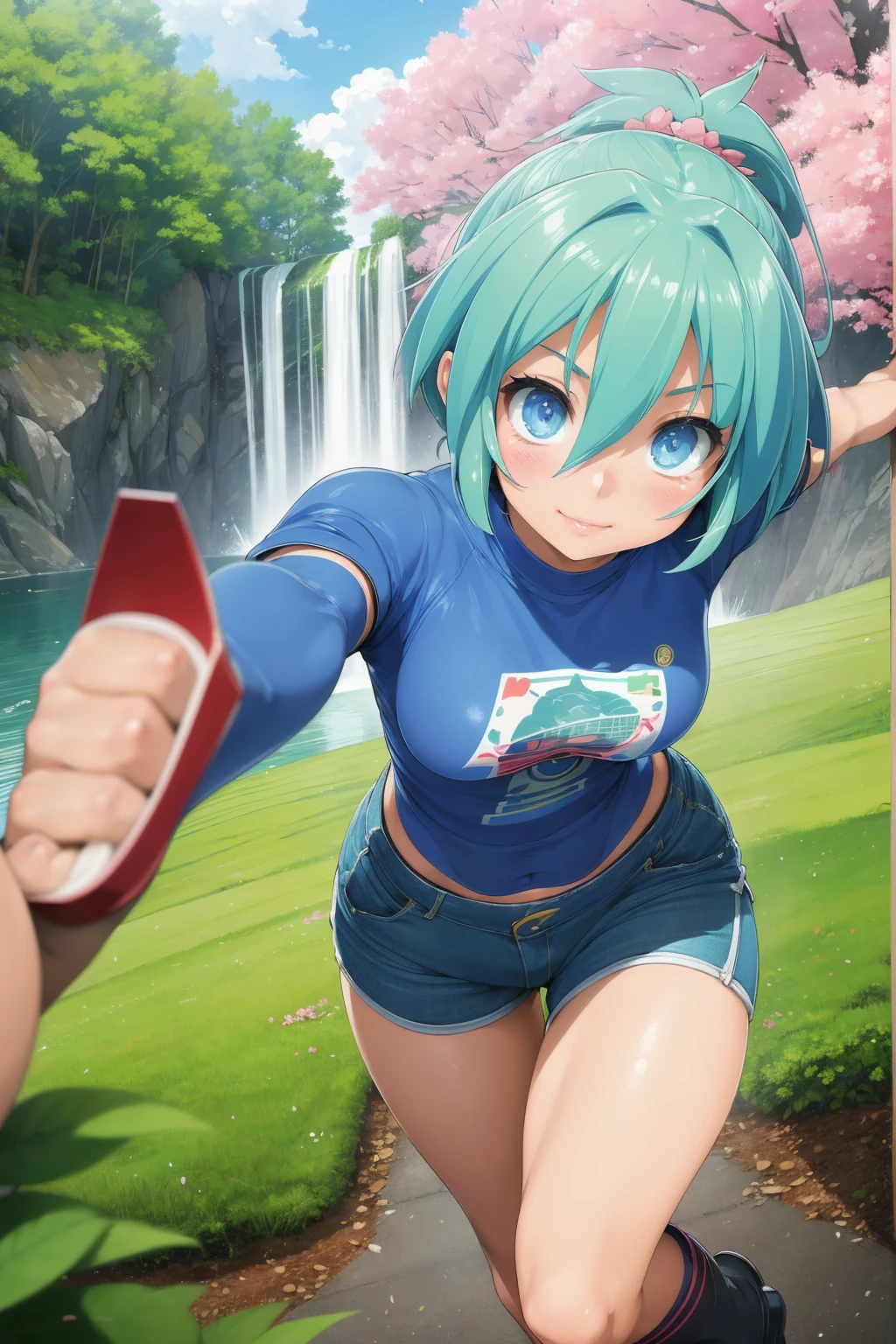 2d, masterpiece, best quality, anime, highly detailed face, highly detailed background, perfect lighting, lola, blue eyes, green_hair, cityscape, full_body, solo, solo focus, t-shirt, shorts, colorful auspicious clouds, sakura, leaf, tree, waterfall, acorn, soil, blurry_foreground, 1girl, day, painting, depth_of_field, blurry, (best quality), ((masterpiece)), cute anime girl, green hair, short hair, pink t-shirt, cutout above navel, blue denim shorts, black boots, forest, c(lean detailed faces), analogous colors, beautiful gradient, clean image, high quality, high detail, high definition, cute face, 4k resolution, full body, ultra sharp focus, extremely detailed eyes, blue eyes, detailed symmetric realistic face, extremely detailed natural texture, perfectly centered medium upper shot, nikon d850 film stock photograph, kodak portra 400 camera f1.6 lens, extremely detailed, amazing, fine detail, rich colors, one body, fully clothed, face, head in frame, body in frame, good proportions, smiling, android heroine, vivid color.digital 2d, anime manga robot! anime girl, fully robotic!! girl, nanogirlv 2, symphogear, fully robotic!!, mikudayo, masterpiece, best quality, reeds, lens flare, shade, bloom, official artwork