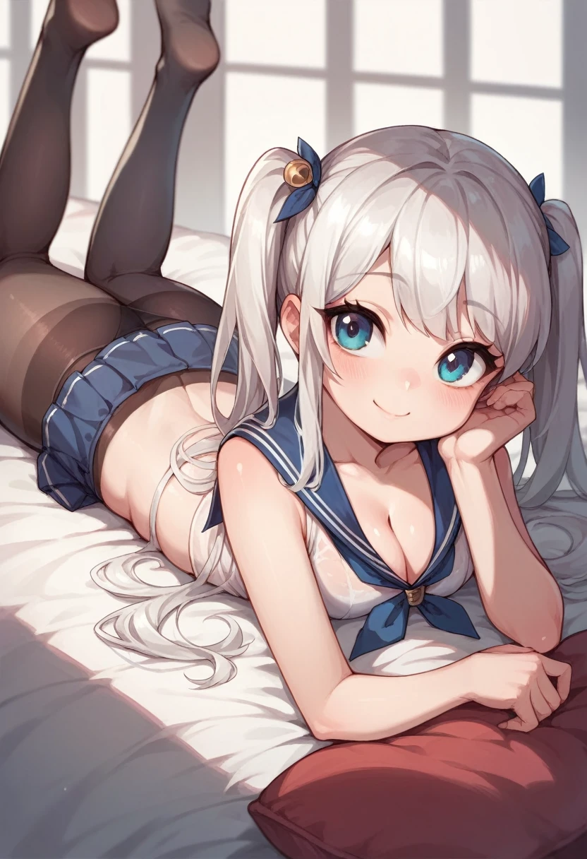 pantyhose,,sailor,microskirt,cute,lying,on stomach,white hair,smile,crop top,see through,twintails,cleavage