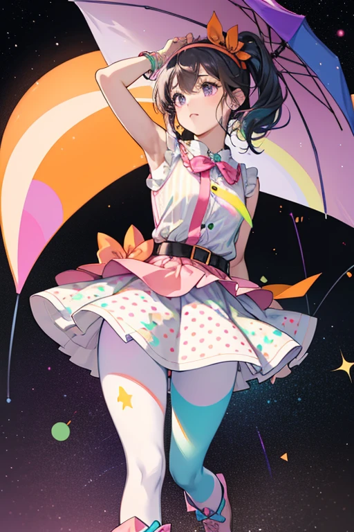 April is a light brown-skinned girl with black eyes. She has rainbow colored hair worn in a side ponytail with a red bow and headband. Her bangs curl just a bit but stay out of her face. Her cheeks are bright-pale pink.

April wears a cute sleeveless pink top with a dark pink neck attached to a translucent, smooth material with orange lining, matching her thin orange belt on the top of her umbrella shaped skirt with each segment a color of the rainbow. She also wears purple pantyhose with lighter purple polka dots and black and blue striped leggings. Her shoes resemble soft-green rain boots with white on the tips of her shoes and neon-purple straps. SPARKLE; GLITTER;