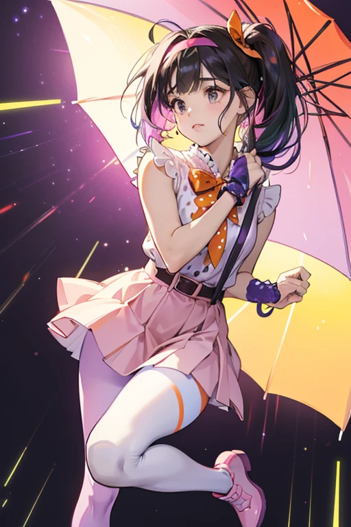 April is a light brown-skinned girl with black eyes. She has rainbow colored hair worn in a side ponytail with a red bow and headband. Her bangs curl just a bit but stay out of her face. Her cheeks are bright-pale pink.
April wears a cute sleeveless pink top with a dark pink neck attached to a translucent, smooth material with orange lining, matching her thin orange belt on the top of her umbrella shaped skirt with each segment a color of the rainbow. She also wears purple pantyhose with lighter purple polka dots and black and blue striped leggings. Her shoes resemble soft-green rain boots with white on the tips of her shoes and neon-purple straps. SPARKLE; GLITTER;