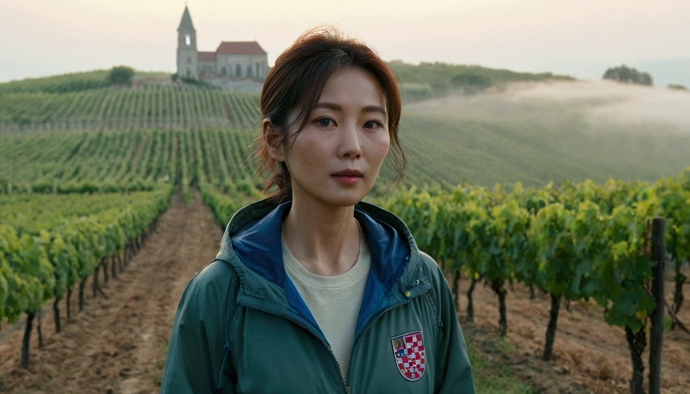 k Best picture quality, Beautiful 36-year-old Korean woman, Chest size 34 inches, The cathedral can be seen through the early morning fog past the vineyards in the Croatian countryside., The back background is realistic and vivid image quality, medium hair, Casual and British - (Beige short-sleeved windbreaker for summer) ,Perfect and realistic photos, The background is realistic. Full body shot with Canon camera 16-35 wide angle lens, expressionless, Standing on a vineyard hill covered in thick fog, Look at the front camera