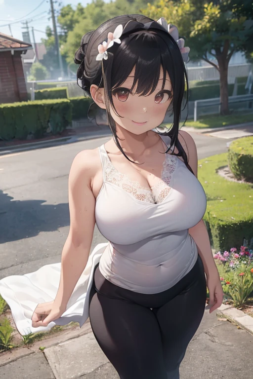 masterpiece、1 female student、(((Missing arm，Bare arms，Towel wrap)))White cloth bun、Shoulder leakage、chubby、Smile、(((Lace、black yoga pants)))pale pink lips、posing at school，（Soaked），legs are open， 独奏,  looking at the audience,  (Thick thighs:1.0),Red eyes, Blushed,blunt hair,flower headdress，lawn，hands on hips，creek，black hair，Smile with teeth showing，short hair，garden，(((Side milk is visible，)))，(((Chest visible from the side，Big breasts，Showing side chest，Exposed side chest)))，clear and bright eyes，((((stand at attention，From the front))))，