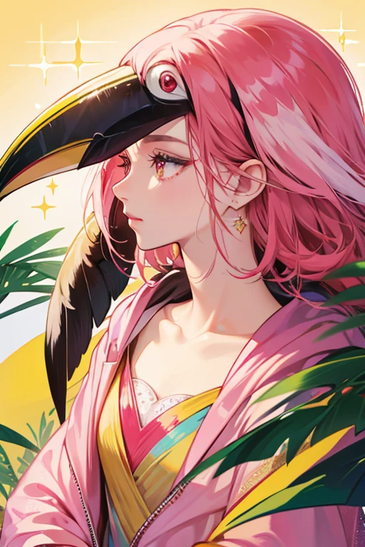 SHE IS a pink toucan. Its beak has a golden yellow stripe and a red one, while the tip of its beak is pink. SPARKLE; GLITTER;