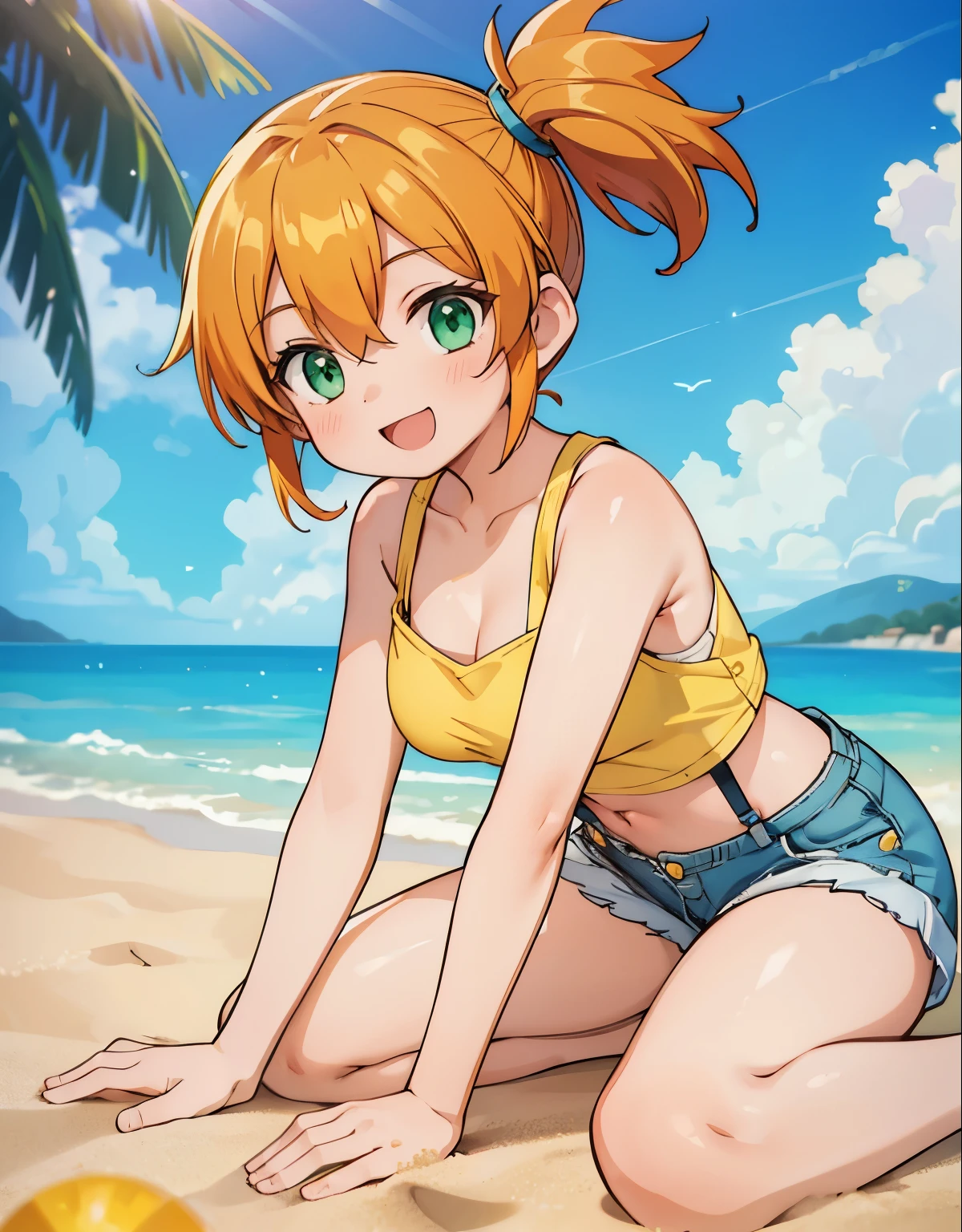 (best quality,4k,8k,highres,masterpiece:1.2), ultra-detailed, realistic:1.37, HDR, studio lighting, vivid colors, bokeh, baking, a beautiful girl leaping on a tropical beach,  misty, 1girl, breasts, looking_at_viewer, short_hair, closed_mouth, bangs, navel, hair_between_eyes, bare_shoulders, sitting, green_eyes, full_body, lying, sleeveless, midriff, orange_hair, side_ponytail, crop_top, looking_to_the_side, eyelashes, bare_legs, sleeveless_shirt, leaning_forward, arm_support, suspenders, tank_top, denim_shorts, yellow_shirt, hair_tie, green_shorts, suspender_shorts, yellow_tank_top, down blouse, body shape, chubby thighs, thick thighs, open mouth, smile, glowing sun, golden sand, crystal clear ocean waves, colorful seashells, warm summer breeze, detailed face, stunning eyes, radiant smile, elegant pose, cinematic lighting, vibrant colors, hyper realistic, masterpiece, 8k, photo-realistic