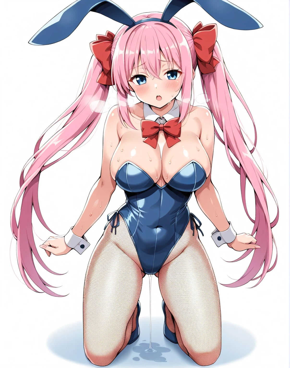 ((nsfw)),((haramura_nodoka, blue eyes, pink hair, long hair, red hairbow,twintail hair,))(Heavy breathing,blush, sweat, Sweaty and wet all over,Steam,)((dripping wet full body,Love juice drips from the crotch)),((gigantic breast)),nsfw,collar,Looking at Viewer,((Perfect body,))((Super beautiful,))((High quality,)),half open eyes,solo focus,((Thigh-high socks,sexual white bra,sexual white underwear,))(cowboy shot),((lie down on bed,backlight,))shyly,spread legs,missionary style,penis in pussy,cum dropping pussy,Playboy Bunny girl costume,fishnets pantyhose, black pantyhose,bunny rabbit ear hairband,
