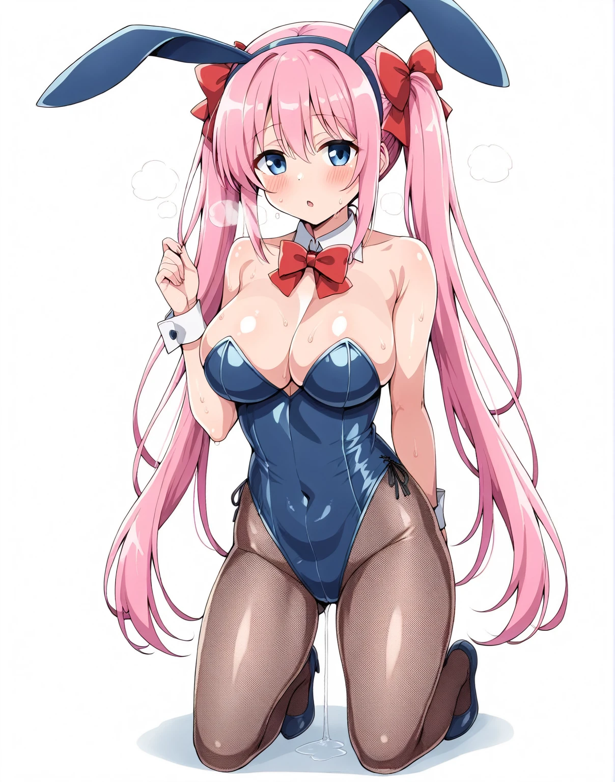 ((nsfw)),((haramura_nodoka, blue eyes, pink hair, long hair, red hairbow,twintail hair,))(Heavy breathing,blush, sweat, Sweaty and wet all over,Steam,)((dripping wet full body,Love juice drips from the crotch)),((gigantic breast)),nsfw,collar,Looking at Viewer,((Perfect body,))((Super beautiful,))((High quality,)),half open eyes,solo focus,((Thigh-high socks,sexual white bra,sexual white underwear,))(cowboy shot),((lie down on bed,backlight,))shyly,spread legs,missionary style,penis in pussy,cum dropping pussy,Playboy Bunny girl costume,fishnets pantyhose, black pantyhose,bunny rabbit ear hairband,