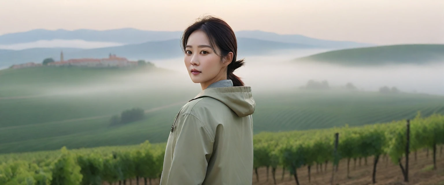 k Best picture quality, Beautiful 36-year-old Korean woman, Chest size 34 inches, The cathedral can be seen through the early morning fog past the vineyards in the Croatian countryside., The back background is realistic and vivid image quality, medium hair, Casual and British - (Beige short-sleeved windbreaker for summer) ,Perfect and realistic photos, The background is realistic. Full body shot with Canon camera 16-35 wide angle lens, expressionless, Standing on a vineyard hill covered in thick fog, Look at the front camera, full body photo