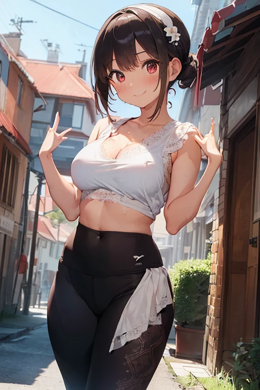 masterpiece、1 female student、(((Missing arm,Bare arms,Towel wrap)))White cloth bun、Shoulder leakage、chubby、Smile、(((Lace、black yoga pants)))pale pink lips、posing at school,(Soaked),legs are open, 独奏, looking at the audience, (Thick thighs:1.0),Red eyes, Blushed,blunt hair,flower headdress,lawn,hands on hips,creek,black hair,Smile with teeth showing,short hair,garden,(((Side milk is visible,))),(((Chest visible from the side,Big breasts,Showing side chest,Exposed side chest))),clear and bright eyes,((((stand at attention,From the front)))),