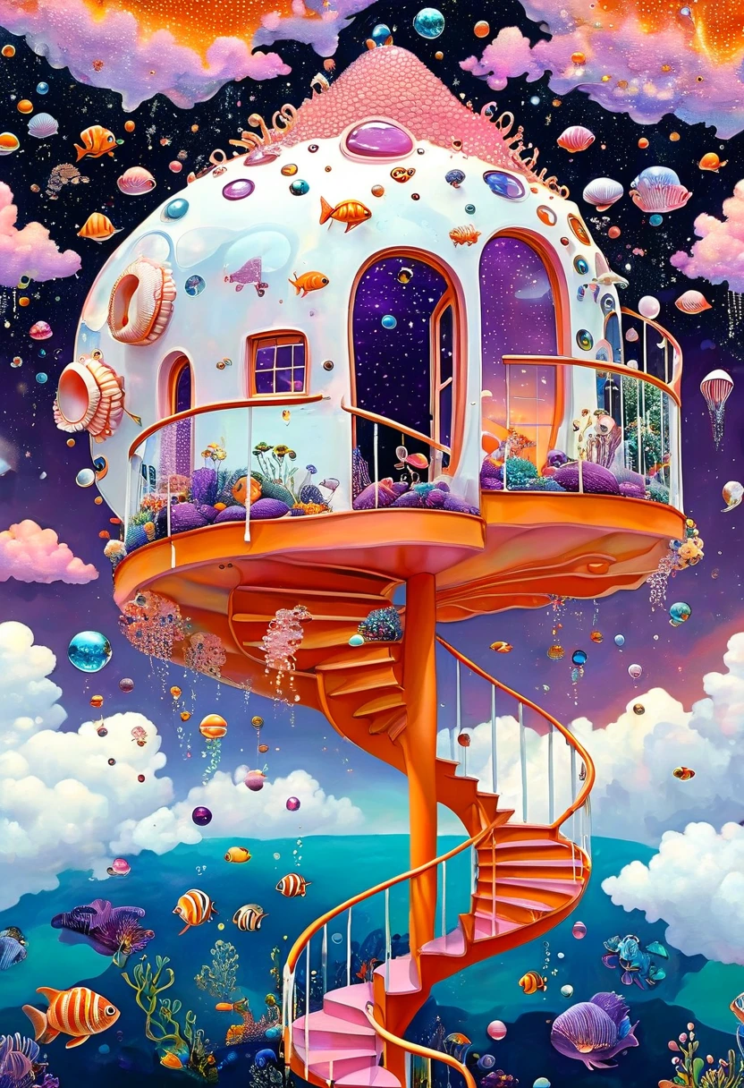 &quot;Dick Ellescas Artist Style&quot;,3D transparent conch swimming pool in the sky，沐浴的章fish，Platform、Swimming ring、Starry Sky、cloud，fish、Tentacles、bird、Eye、Soap bubbles，diatom，Spiral Staircase，People silhouette、Stitching together an abstract painting，Describing the inner world of autistic people，Sense of space，White Space，interesting，Innocence，Psychedelic Art，Dense pointillism，Pink theme，Bold contrasts，Purple and Orange