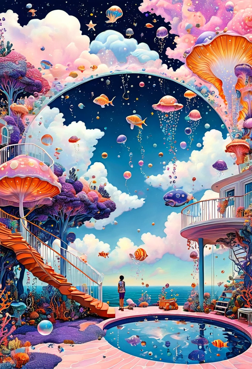 "Dick Ellescas Artist Style",3D transparent conch swimming pool in the sky,沐浴的章fish,Platform、Swimming ring、Starry Sky、cloud,fish、Tentacles、bird、Eye、Soap bubbles,diatom,Spiral Staircase,People silhouette、Stitching together an abstract painting,Describing the inner world of autistic people,Sense of space,White Space,interesting,Innocence,Psychedelic Art,Dense pointillism,Pink theme,Bold contrasts,Purple and Orange