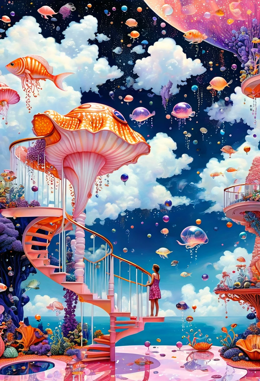"Dick Ellescas Artist Style",3D transparent conch swimming pool in the sky,沐浴的章fish,Platform、Swimming ring、Starry Sky、cloud,fish、Tentacles、bird、Eye、Soap bubbles,diatom,Spiral Staircase,People silhouette、Stitching together an abstract painting,Describing the inner world of autistic people,Sense of space,White Space,interesting,Innocence,Psychedelic Art,Dense pointillism,Pink theme,Bold contrasts,Purple and Orange