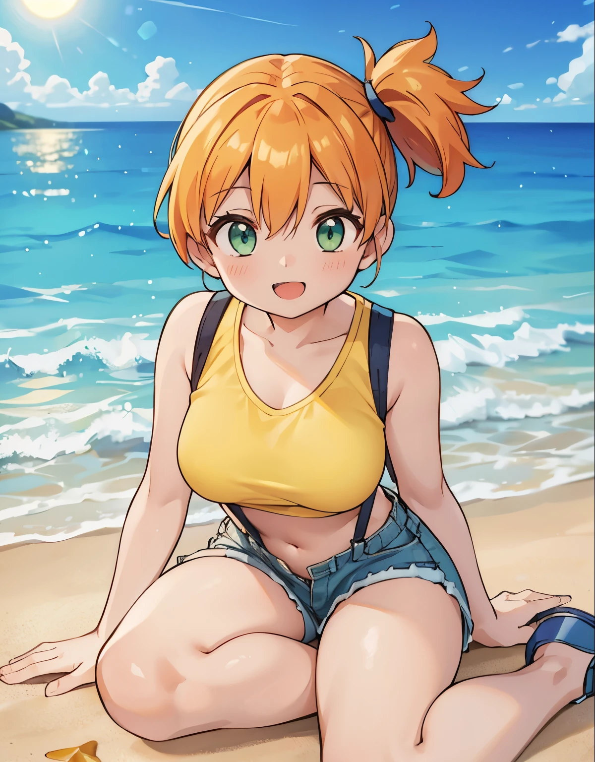 (best quality,4k,8k,highres,masterpiece:1.2), ultra-detailed, realistic:1.37, HDR, studio lighting, vivid colors, bokeh, baking, a beautiful girl leaping on a tropical beach,  misty, 1girl, breasts, looking_at_viewer, short_hair, closed_mouth, bangs, navel, hair_between_eyes, bare_shoulders, sitting, green_eyes, full_body, lying, sleeveless, midriff, orange_hair, side_ponytail, crop_top, looking_to_the_side, eyelashes, bare_legs, sleeveless_shirt, leaning_forward, arm_support, suspenders, tank_top, denim_shorts, yellow_shirt, hair_tie, green_shorts, suspender_shorts, yellow_tank_top, down blouse, body shape, chubby thighs, thick thighs, open mouth, smile, glowing sun, golden sand, crystal clear ocean waves, colorful seashells, warm summer breeze, detailed face, stunning eyes, radiant smile, elegant pose, cinematic lighting, vibrant colors, hyper realistic, masterpiece, 8k, photo-realistic