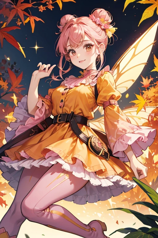 Autumn is fair-skinned with black button eyes and pink cheeks. She has dark pink hair tied into two buns that resemble pinecones. She has a leafy orange dress with a pink belt. She also has pink leggings, yellow fairy wings and orange boots. SPARKLE; GLITTER;