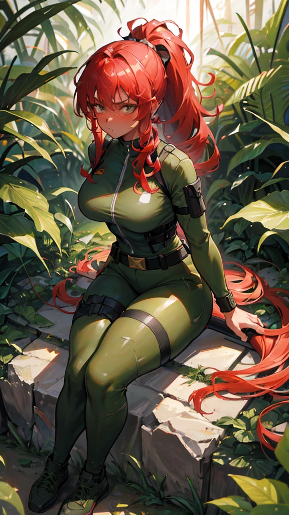 woman, serious face, bullet belt crossing her torso, holding two machetes, camouflage pants, red hair, long ponytail, broken muscles, dark skin, curly hair, pronounced waist, thick thighs, Amazon jungle background, high definition , rtx lighting, full body focus, sitting on a prey.