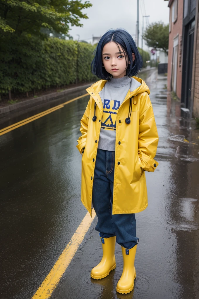 high res,Realism，Street view after rain，Colorful，Venice，sun shine，rainbows，Wet reflective ground，well detailed，Lori， girl,Delicate face，beautiful cute，(((twin drills)))，curly hair，An innocent and cute eight-old giearin hood，Cartoon hood raincoat，smiles，