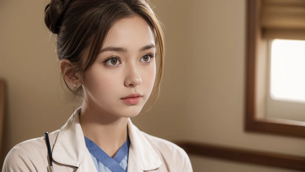 a nurse named Laura, with light brown hair tied in a bun, skin fair, wearing a vintage nurse uniform, with a worried expression