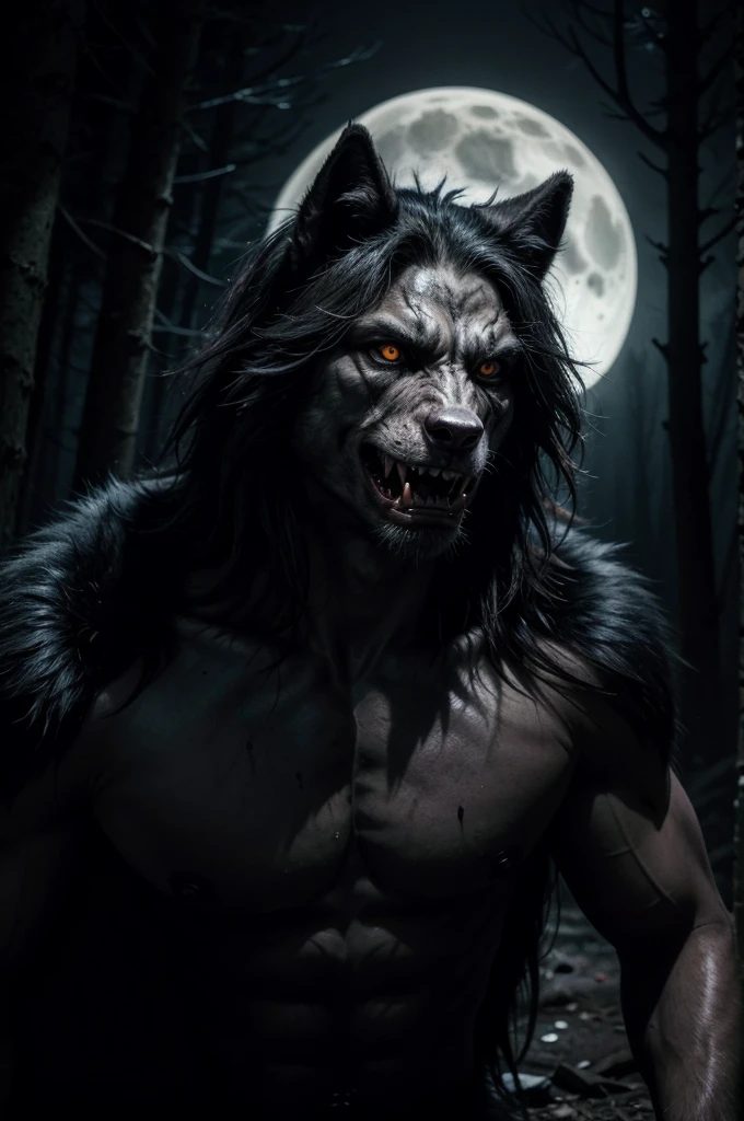 a terrifying werewolf, detailed facial features, piercing eyes, sharp fangs, menacing expression, fur covered body, claws, howling at the full moon, dark forest background, moody lighting, cinematic composition, dramatic shadows, gritty texture, dark fantasy, chiaroscuro lighting, muted color palette, gothic atmosphere