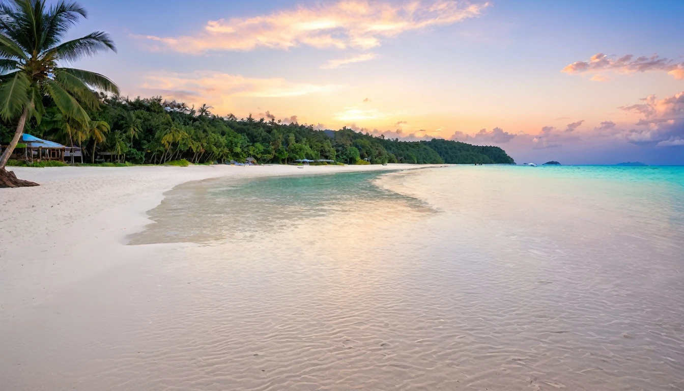 Near dusk、There is no one on the beach near the water、 White sand beach, Caribbean、 Beautiful beaches, Sandy Beach, White beach, Beautiful beaches, Beautiful tropical island beaches, at a Tropical Beach, Tropical Beach, Discarded sand, Stand on the beach in Boracay, sand and sea
