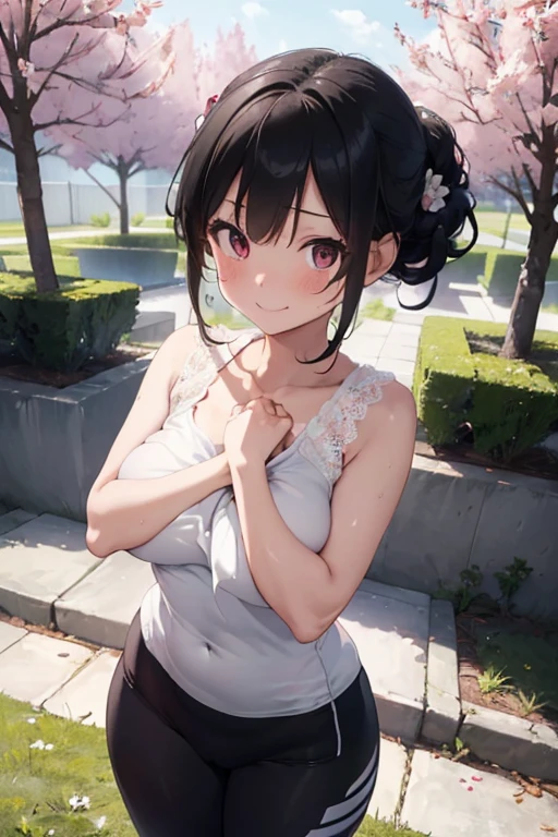masterpiece、1 female student、(((Missing arm,Bare arms,Towel wrap)))White cloth bun、Shoulder leakage、chubby、Smile、(((Lace、black yoga pants)))pale pink lips、posing at school,(Soaked),legs are open, 独奏, looking at the audience, (Thick thighs:1.0),Red eyes, Blushed,blunt hair,flower headdress,lawn,hands on hips,creek,black hair,Smile with teeth showing,short hair,garden,(((Side milk is visible,))),(((Chest visible from the side,Big breasts,Showing side chest,Exposed side chest))),clear and bright eyes,((((stand at attention,From the front)))),