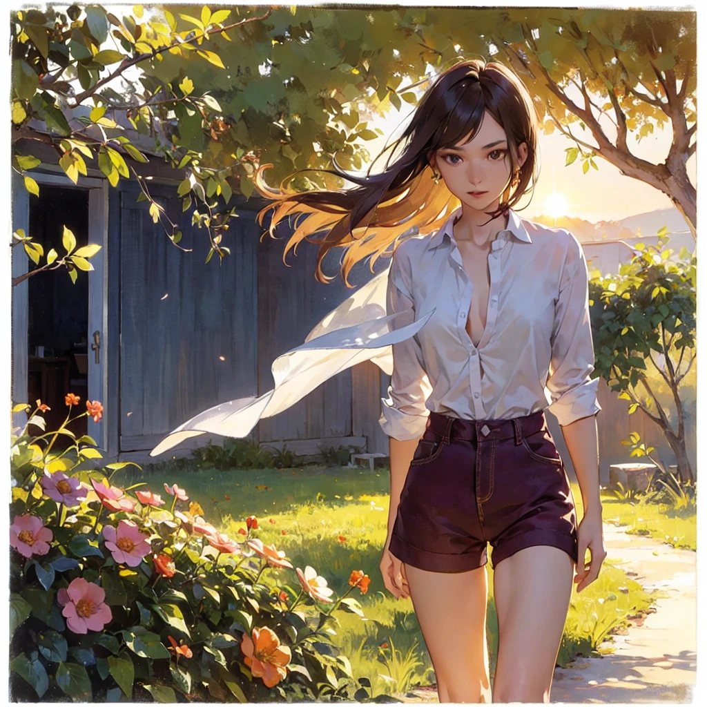 Exquisite, slender, delicate girl of 16 years old with a perfect gentle face of the southern type (with short dark burgundy hair) with freckles (with ruby earring) in the rays of the rising sun, naked with tender bare breasts with pink swollen nipples ((barefoot)) ((in an unbuttoned open burgundy shirt over a naked body and in small burgundy panties)) (on the veranda in the garden) Drinks ((coffee)) and looks at the flowers, in watercolor style, discreet light shades, Flares, (imitation of film photography), against the sun, a lot of sun glare, light fills the frame, olive and grape groves, strong wind, Brick Road, high image quality, Maximum detail, sunset lighting, Warm evening shades, (warm golden and olive sunset light), big space eyes, olive and grape groves, Brick Road, ((чашки с coffee и coffeeйники у домика))