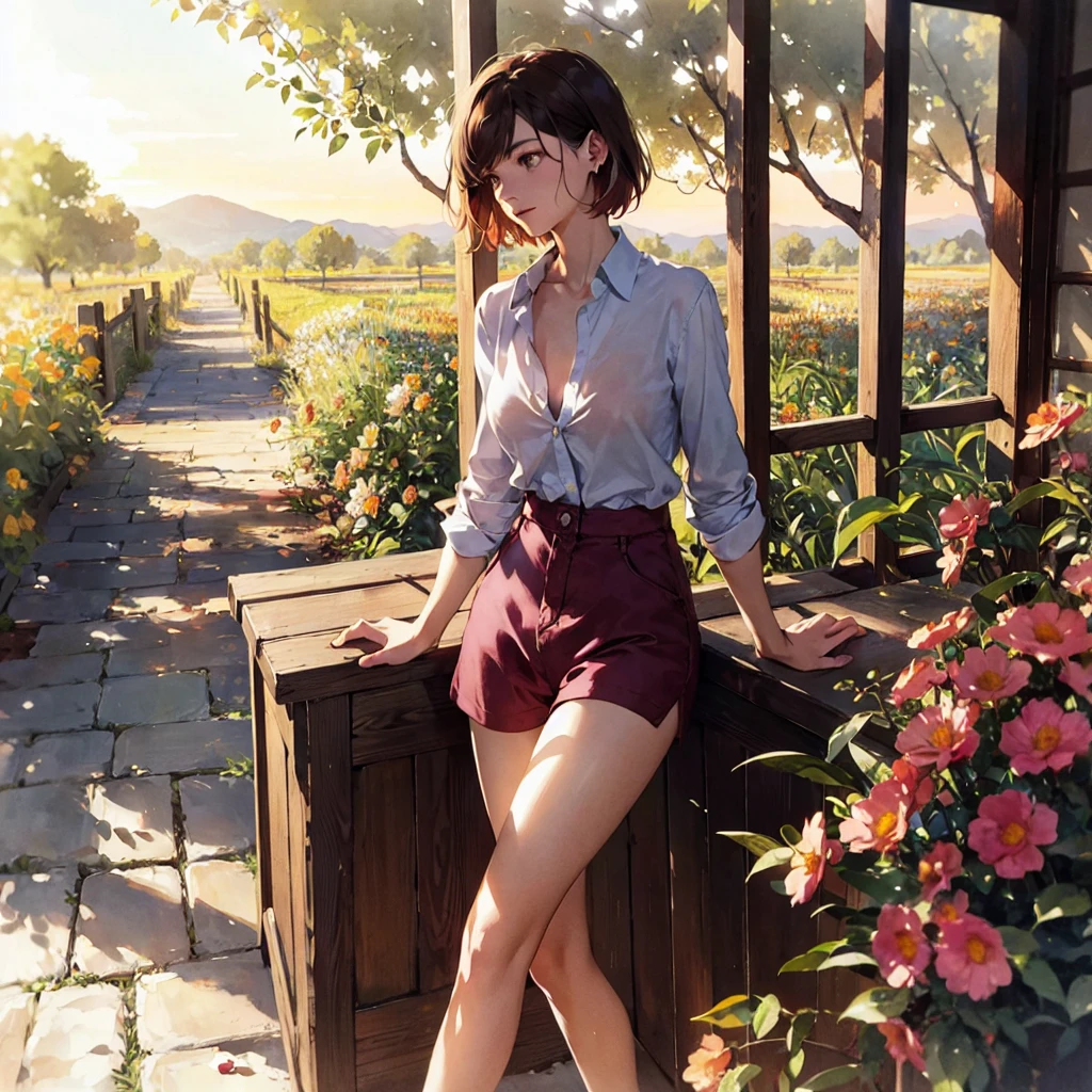 (Beautiful slender thin exquisite) (nude) (Girl 16 years old) (with a perfect southern type face) (with short burgundy hair) ((with ruby earring)) (with tender beautiful breasts with tender nipples) (barefoot) ((((in an unbuttoned pink shirt over his naked body and short burgundy shorts)))) ((((near the brick house)))) ((in the flower garden)) ((drinks cofee)), in a gentle watercolor style, Discreet shades, sfumato, haze, diffused dim light, delicate mint shades, imitation of film photography, (olive and grape groves, Brick Road), (High image quality, Maximum detail), (sunset lighting, Warm evening shades, warm golden and olive sunset light)