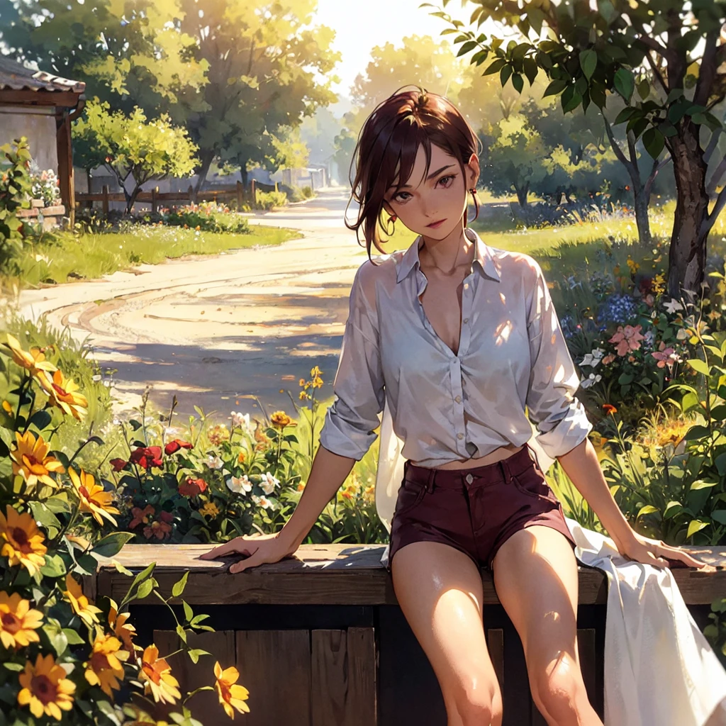 Exquisite, slender, delicate girl with a perfect gentle face of the southern type (with short dark burgundy hair) with freckles (with ruby earring) in the rays of the rising sun, naked with tender bare breasts with pink swollen nipples ((barefoot)) ((in an unbuttoned open burgundy shirt over a naked body and short burgundy shorts)) (on the veranda in the garden) Drinks (coffee) and looks at the flowers, in watercolor style, discreet light shades, Flares, (imitation of film photography), against the sun, a lot of sun glare, light fills the frame, olive and grape groves, strong wind, Brick Road, high image quality, Maximum detail, sunset lighting, Warm evening shades, (warm golden and olive sunset light), big space eyes, olive and grape groves, Brick Road