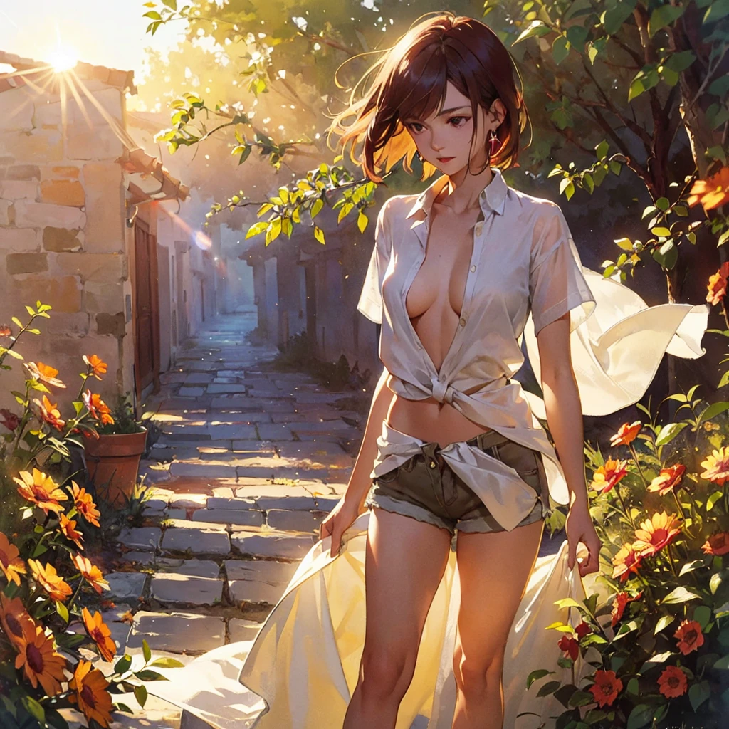 Exquisite, slender, delicate girl  with a perfect gentle face of the southern type (with short dark burgundy hair) with freckles (with ruby earring) in the rays of the rising sun, naked with tender bare breasts with pink swollen nipples ((barefoot)) ((in an unbuttoned open burgundy shirt over a naked body and short burgundy shorts)) (on the veranda in the garden) Drinks (coffee) and looks at the flowers, in watercolor style, discreet light shades, Flares, (imitation of film photography), against the sun, a lot of sun glare, light fills the frame, olive and grape groves, strong wind, Brick Road, high image quality, Maximum detail, sunset lighting, Warm evening shades, (warm golden and olive sunset light), big space eyes, olive and grape groves, Brick Road