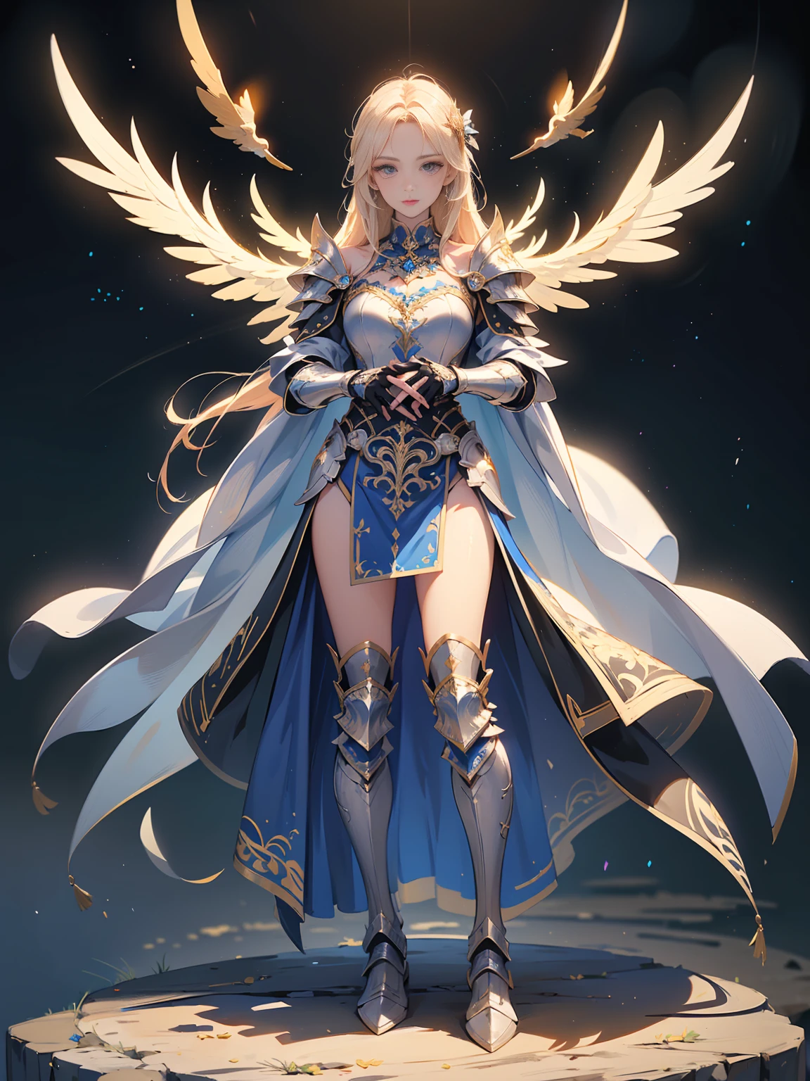 (((masterpiece, best quality, high detailed, 8k))) Design a layout showcase Gaming character, (1girl). valkyrie White|Blue|Gold armor, elegant and majestic. ((showcase weapon:1.4)), celestial sword. (masterpiece:1.2), (best quality), 4k, ultra-detailed. (Step by step design, layout art:1.5), (luminous lighting, atmospheric lighting). divine warrior, ((glove full hands)), (((regal armor:1.3))), shoulder pauldrons, armored boots, (((full_body_shot:1.4))). {In a radiant celestial realm}.