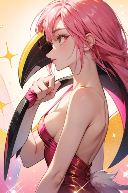 SHE IS a pink GIRL toucan. HER beak has a golden yellow stripe and a red one, while the tip of HER beak is pink. SPARKLE; GLITTER;