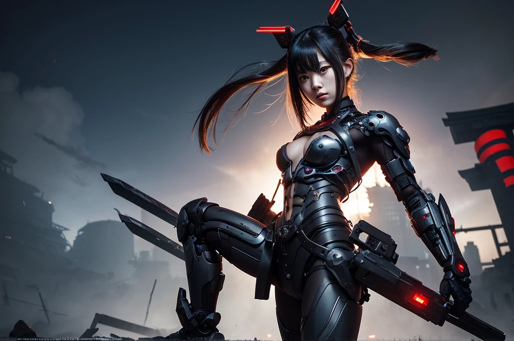 Highest quality,Very sophisticated and beautiful Japanese cyborg girl, Broken torii、Dark night fog of the destroyed shrine、Dynamic pose、 Body with futuristic details. 