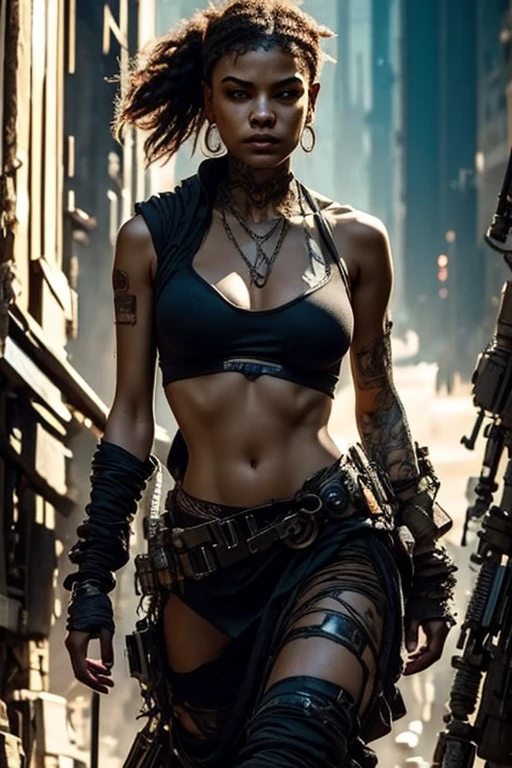 Cyberpunk, Scavenger, woman in early twenties, dressed in rags, dressed seductively, skimpy clothing, medium breast, provocative clothing