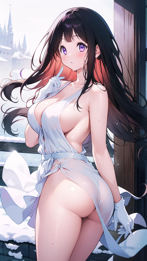 Amazing Chitanda, There is only one beautiful girl,Purple Eyes, Black Hair, Very red face,Very white skin,Glowing skin,Skin as delicate as porcelain,Naturally straight hair, Straight bangs,Extremely refined,Open lips,Long flowing hair,Beautiful Girl, Like a dream,Slim,Slim waist,Soft, (Sensual), (Kawaii), Dream quality,Beautiful big breasts,White transparent loose dress,Areola,Completely naked,Lower edge of breast,White gloves,Flower decoration,Deep V neckline,Loose neckline,Wide neckline,In school,The wind blows the hair,Place your hands on your inner thighs,Thighs clamp hands,Wet skin,Sweaty and sweaty,Sweating all over,On the snow,Back to,Handstand,Hips,Side body,Gluteal groove,Completely naked的臀部,Bare back,Completely naked的背部,Light transmission,(no pants),nopan,pussy juice,Bare shoulders,There are no shoulder straps,Bare neck,Exposed collarbone,Exposing breasts,Exposing breasts侧面,Exposing breasts下面,Show your waist,Show your buttocks,Show your thighs,Exposing the groin,(No pants),extremely shy,Ultra-high resolution, (masterpiece:1.2, best quality), (Delicate and beautiful eyes: 1.2), (Beautiful and delicate face)