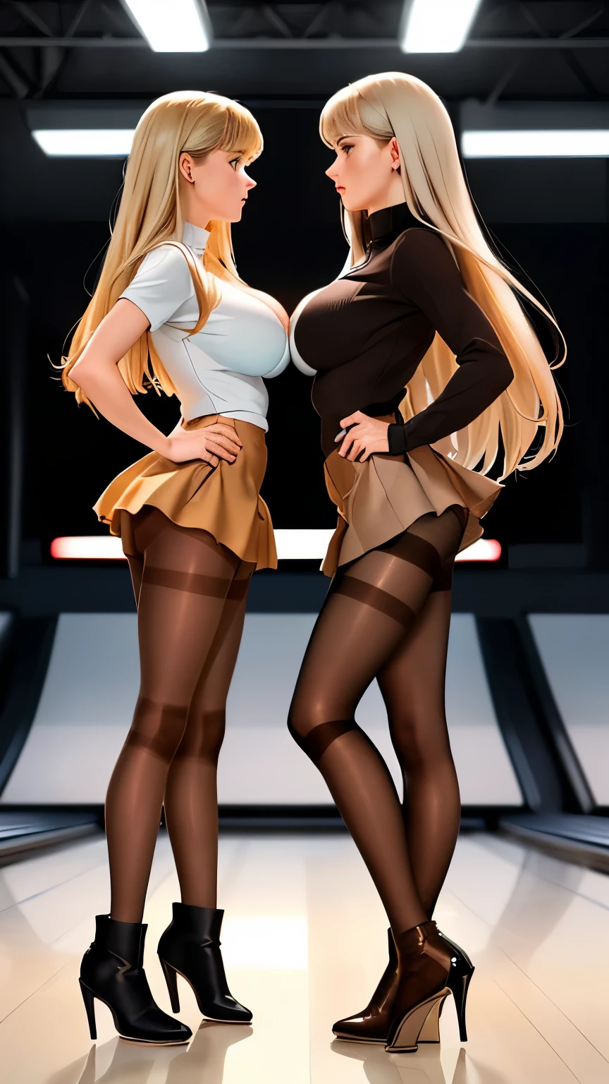 (2 girls:1.3), (models), perfect body, fit body, (huge breasts:1.3), (brown pantyhose:1.4), low denier, (emphasis on legs and feet:1.3), (low wedge heel booties:1.1), long straight platinum-blonde hair, (black miniskirts), (small hips:1.1), small butt, (thin:1.1), skinny girl, fit, short, athletic, backdrop of a bowling alley, masterpiece, studio lighting, 8k, HDR, amazing details, hyper-realistic, photorealistic, beautiful face, highly attractive, (they are facing each other and talking:1.4), (show entire body), (they are looking at the viewer:1.1)