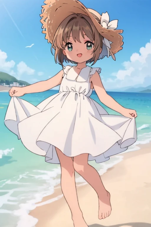 cute, anime, cute,Girl on the beach,White Dress,Short chestnut bob hair,barefoot,smile,White straw hat