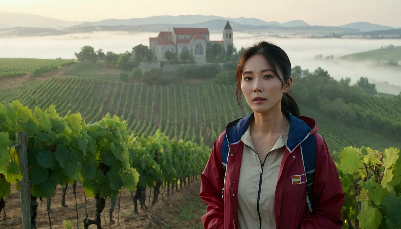 k Best picture quality, Beautiful 36-year-old Korean woman, Chest size 34 inches, The cathedral can be seen through the early morning fog past the vineyards in the Croatian countryside., The back background is realistic and vivid image quality, medium hair, Casual and British - (Beige short-sleeved windbreaker for summer) ,Perfect and realistic photos, The background is realistic. Full body shot with Canon camera 16-35 wide angle lens, expressionless, Standing on a vineyard hill covered in thick fog, Look at the front camera, full body photo