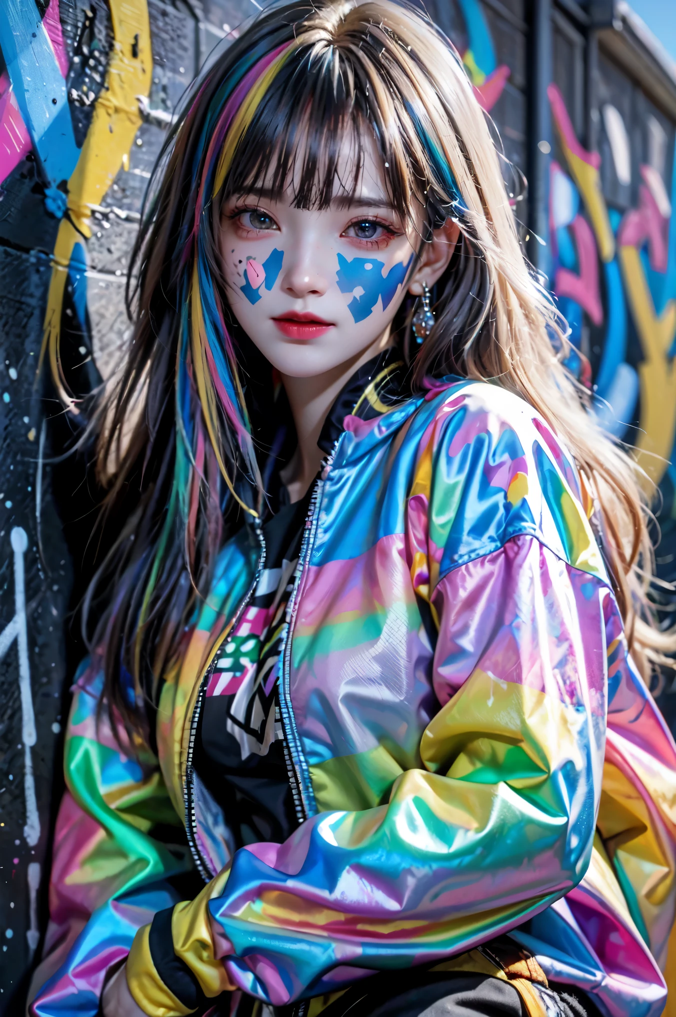 (best quality), masterpiece, Extremely detailed CG8K , High Color, Extremely High Color saturation, All colors are deepened, , Graffiti Art, Central Composition, Extremely detailed lighting, Graffiti Wall, Walls painted bright colors, 1 girl graffiti 1 girl looking at the wall, Very detailed face and eyes, Medium Length Hair, Sportswear, Colorful Clouds