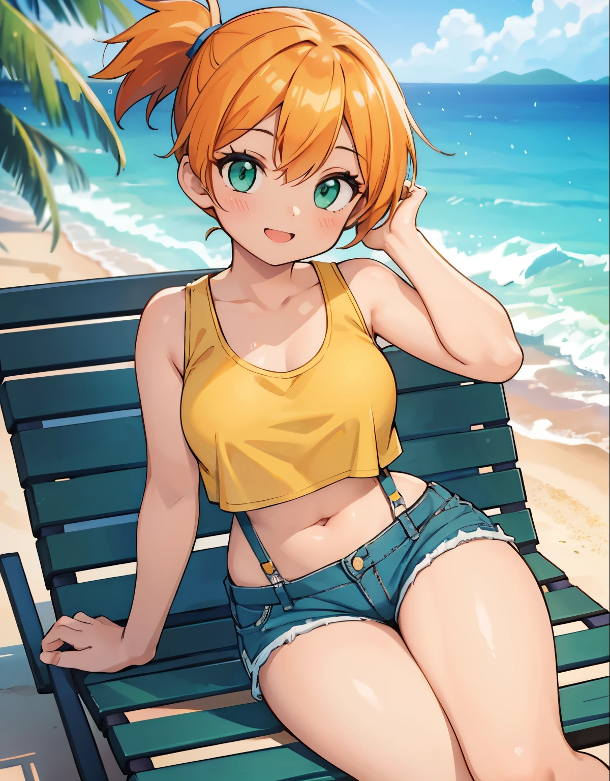 (best quality,4k,8k,highres,masterpiece:1.2), ultra-detailed, realistic:1.37, HDR, studio lighting, vivid colors, bokeh, baking, a beautiful girl, a girl lying on a beach chair, drinking a tropical cocktail,beautiful detailed eyes,beautiful detailed lips,extremely detailed eyes and face,long eyelashes,  misty, 1girl, breasts, looking_at_viewer, short_hair, closed_mouth, bangs, navel, hair_between_eyes, bare_shoulders, sitting, green_eyes, full_body, lying, sleeveless, midriff, orange_hair, side_ponytail, crop_top, looking_to_the_side, eyelashes, bare_legs, sleeveless_shirt, leaning_forward, arm_support, suspenders, tank_top, denim_shorts, yellow_shirt, hair_tie, green_shorts, suspender_shorts, yellow_tank_top, down blouse, body shape, chubby thighs, thick thighs, open mouth, smile, glowing sun, golden sand, crystal clear ocean waves, colorful seashells, warm summer breeze, detailed face, stunning eyes, radiant smile, elegant pose, cinematic lighting, vibrant colors, hyper realistic, masterpiece, 8k, photo-realistic